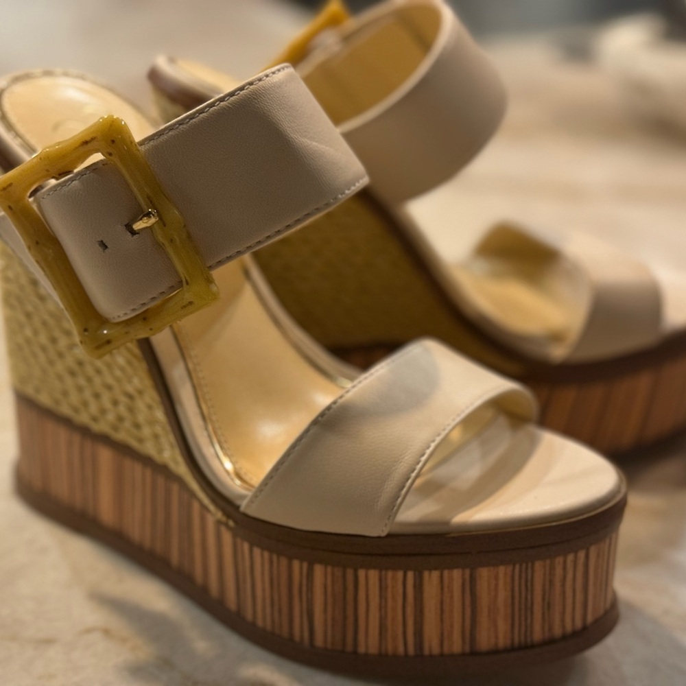 Jessica Simpson Cream and Yellow Wedge Sandals